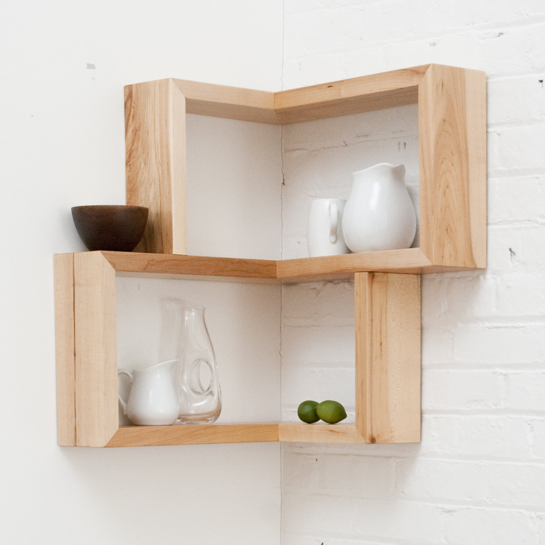 Floating Corner Shower Shelf with a Natural Teak Wood Insert