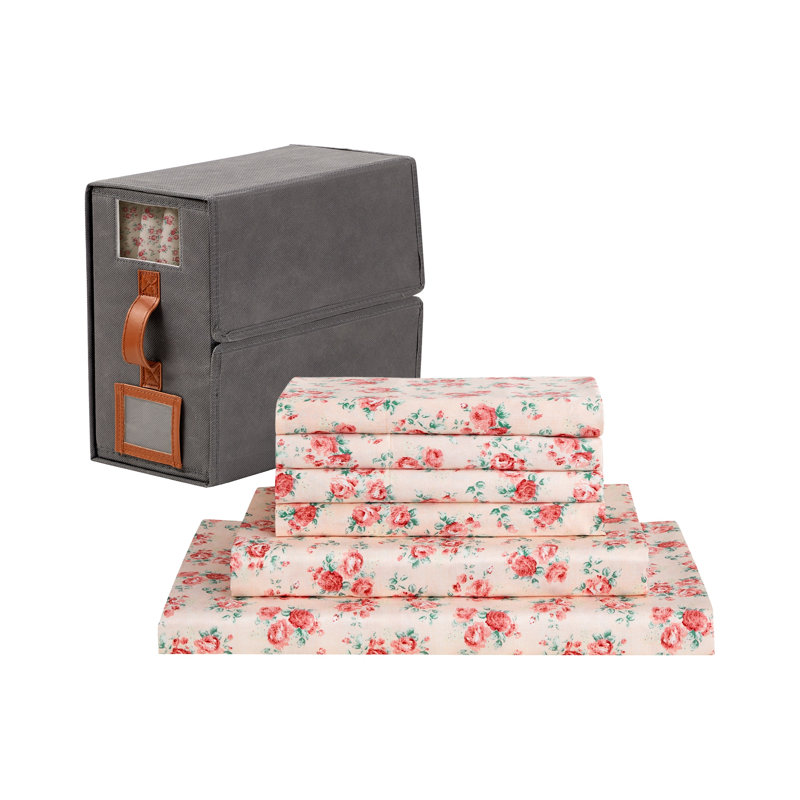 Modern Threads 6-Piece Satin Sheet Set with Deep Pocket Fitted Sheet, 4 Pillowcases, and Organizer, Pink Floral