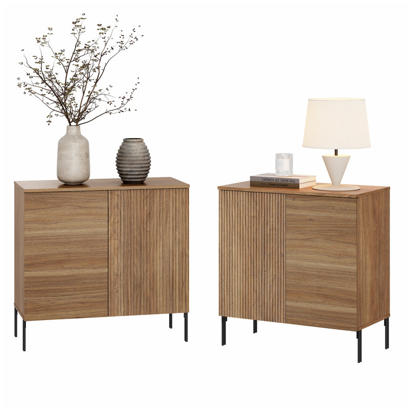 Union Rustic Modern Minimalist Wood Nightstand Set Of 2 With Doors , Large End Table,Reeded Design Bedside Table For Bedroom, Living Room,Entryway
