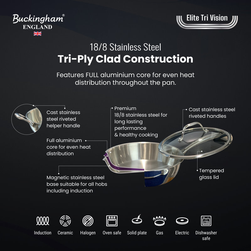 Buckingham Elite Tri-Ply 18/8 Stainless Steel Sauté Pan With Helper Handle 28 Cm