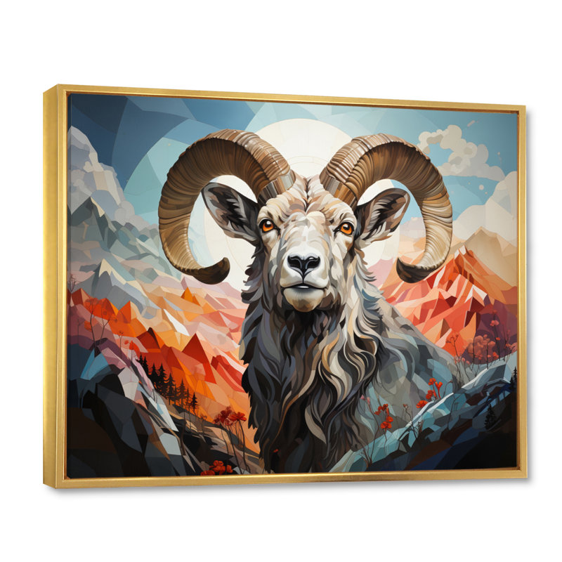 Goat Mountain Guardian géométrique, H 16 po x l 32 po x P 1 po, Cadre flottant doré