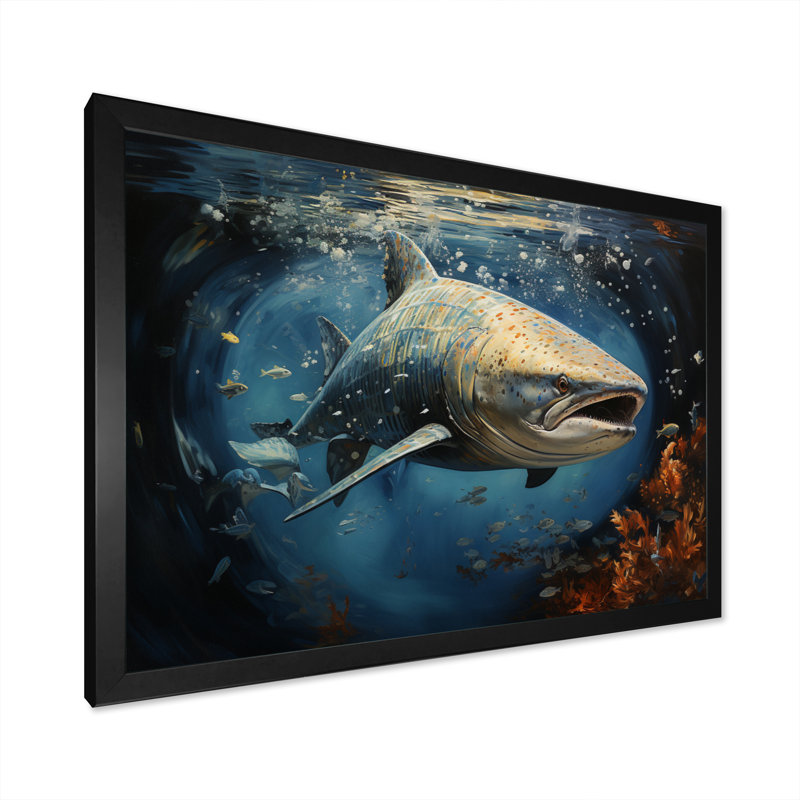 " Gray Blue Shark Elegance II ", Black Picture Framed, 16" H x 32" W x 1" D