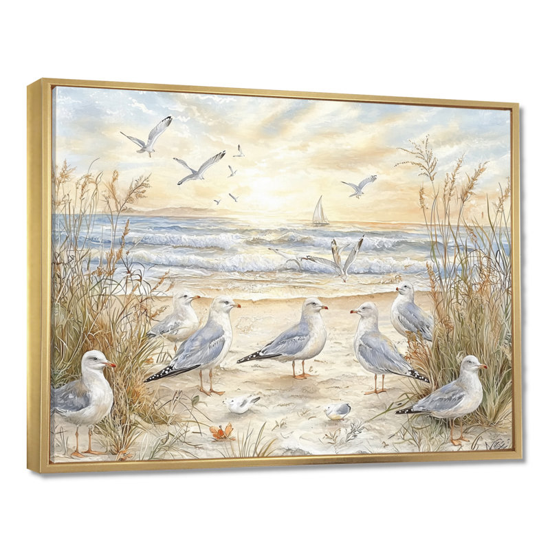 Mouettes sur la plage II - reproduction d'art mural plage et océan, H 12 po x l 20 po, Cadre flottant sans passe-partout