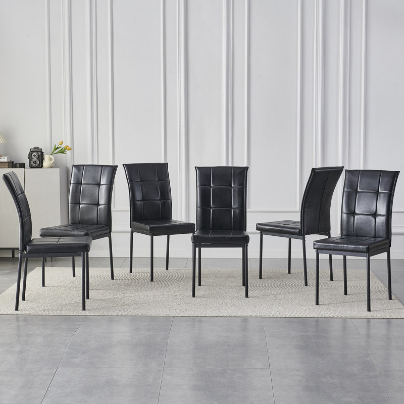 Black Pu Leather Dining Chair With Soft Cushion, High Back Upholstered Dining Chair With Metal Legs, 6