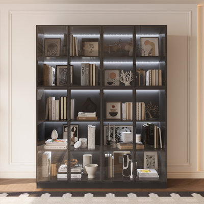 Combination Bookcase With Glass Doors And Led Lights, Display Cabin With 5-tier Shelveset by Orren Ellis