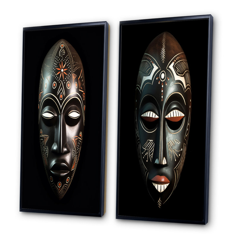 2 pièces sur toile - Masque africain traditionnel vietnamien, Cadre noir, H 32 po x l 32 po