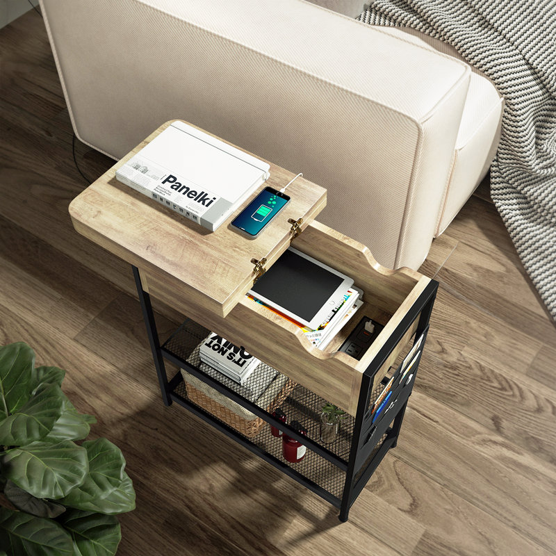 Hogsett End Table Storage and USB Ports & Power Outlets With Side Pockets, Cream