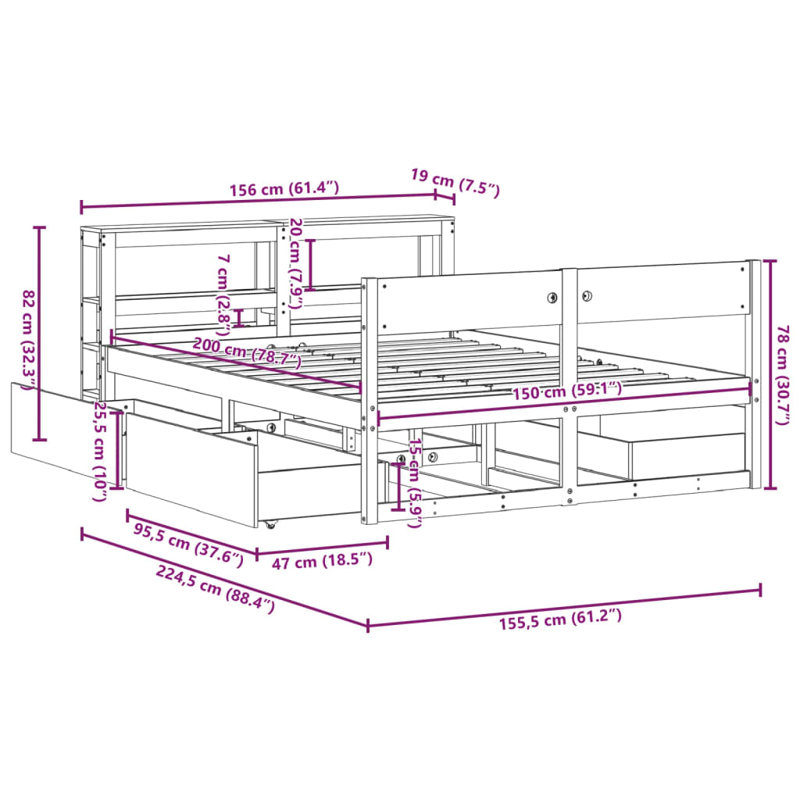 Solid Wood Bed, Brown, Kingsize (5')