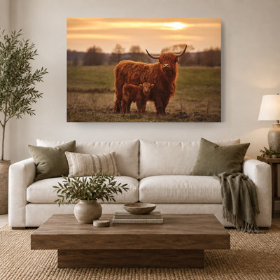 Highland Cow and Calf Canvas Wall Art – Rustic Farmhouse Print