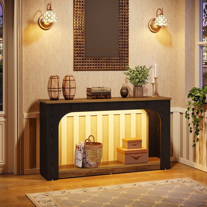 55-Inch Sofa Console Table With LED Lights For Living Room, Hallway, Entrance, Black/Vintage Brown