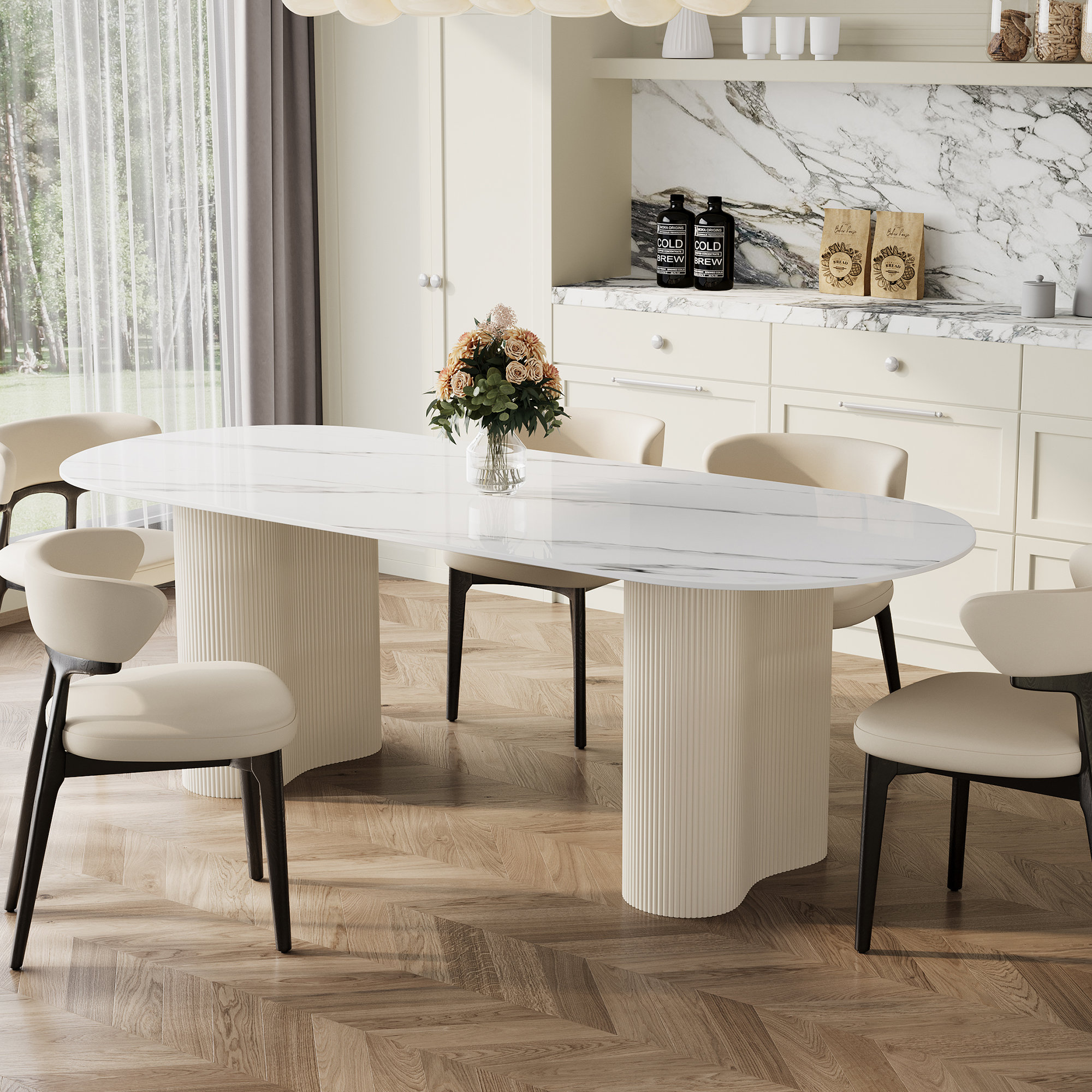 Brayden Studio® Jamani 71" L Faux Marble Double Leg 6 Seat Oval Dining Table & Reviews | Wayfair