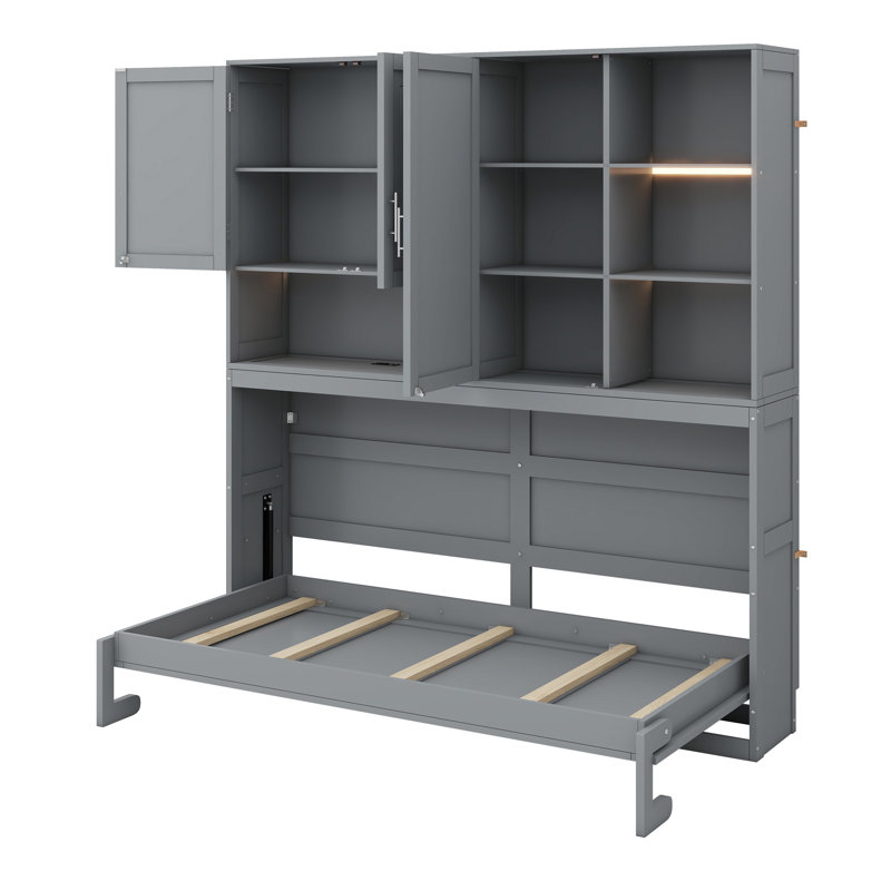 Lit escamotable mural avec armoire supérieure, tablettes, lit pliable peu encombrant avec éclairage et port USB, Gris