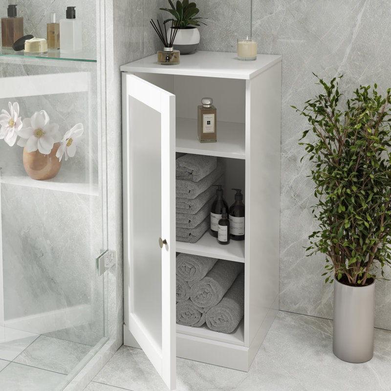 Armoire de salle de bain 100% bois massif 16,5 po avec porte en verre givré et tablettes réglables, Blanc