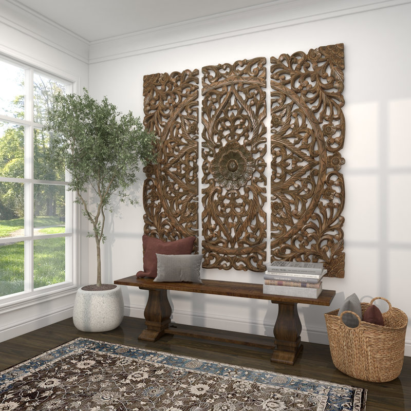 Ensemble de décoration murale en bois sculpté à la main à motif floral en bois brun avec mandala