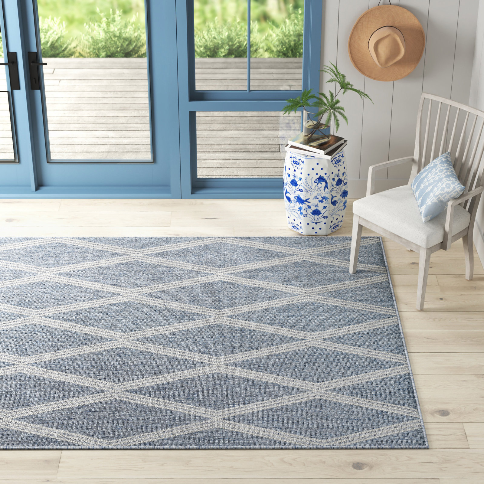 Twill Blue Gray Geometric Outdoor Rug, Rectangle 6'6" x 9'