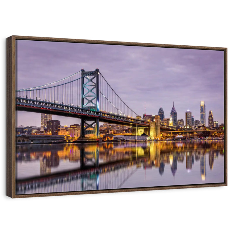 Horizon du pont Ben Franklin, 13 po x 9 po, Cadre flottant noyer