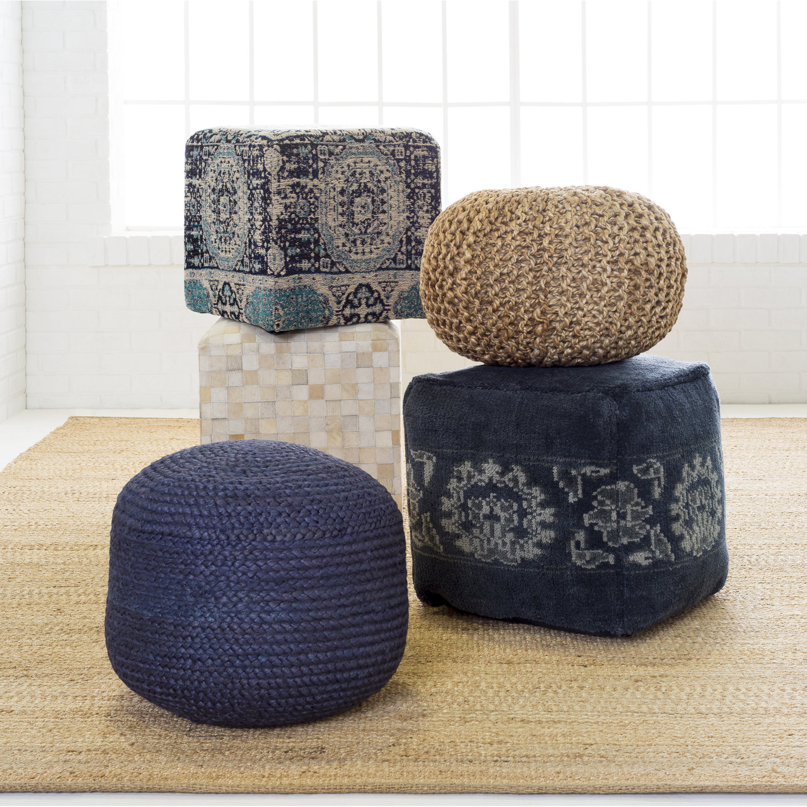 Rodriguez Upholstered Pouf, Dark Blue