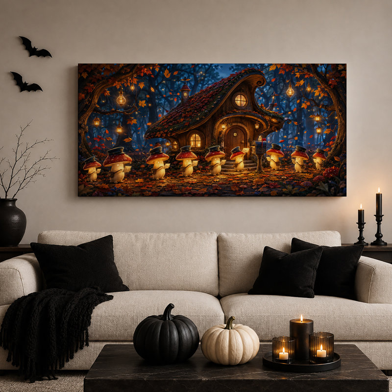 " Mushroom Postmen Outside Curved Cottage in Autumn Halloween " Painting, L 32 po x H 16 po