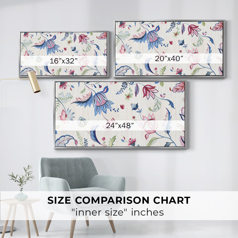 Motif floral jacobin, toile tendue avec châssis, prête à être accrochée, Argent argent, H 21 po x l 41 po