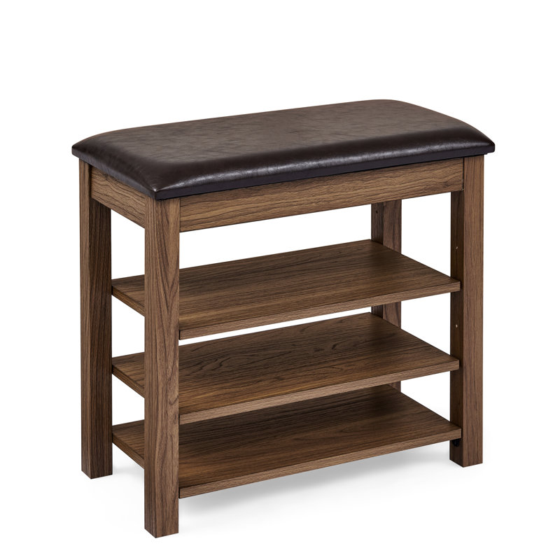 Bench With Adjustable Height, Brown Color, Rubberwood And , Small Apartment Use Height-Adjustable Stool, Frame, Pu Leather Seat, Stable Support From Legs