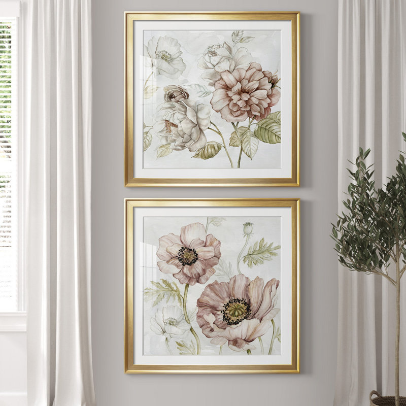 «Washed Botanical III», ensemble de 2 reproductions d'art encadrées, Papier encadré doré, Blanc