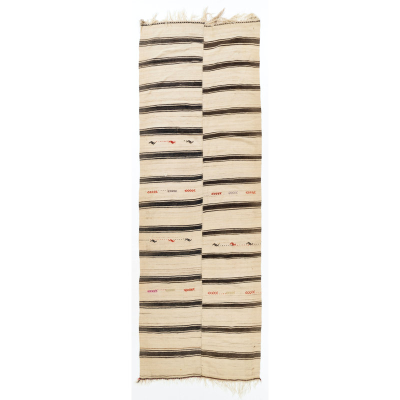 Chemin de table kilim tissé à plat 4,2 x 12,5 pi. Fabriqué à 100% de laine naturelle non teintée