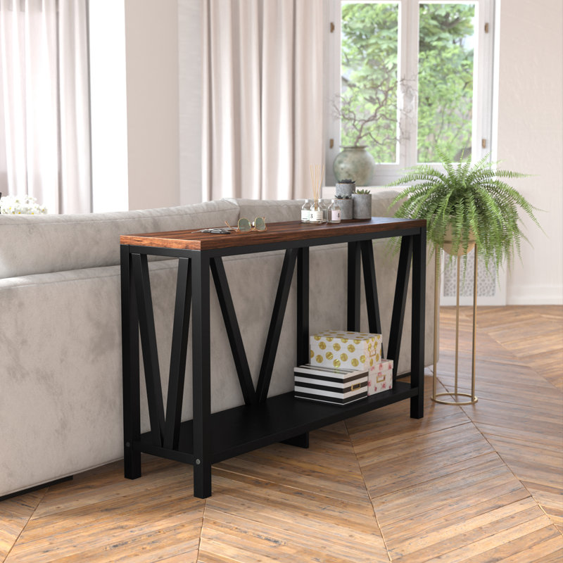 Modern 2-Tier Farmhouse Entryway Living Room Console Accent Table, Walnut Top/Black Base