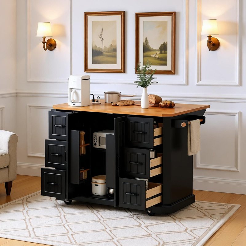 56" Kitchen Island With Rubber Wood Veneer Drop Leaf, Power Outlet, 4 Door Shelves, Embossed Vertical Stripe Rolling Kitchen Cart On 4 Wheels With 6 Deep Drawers For Kitchen, Dining Room