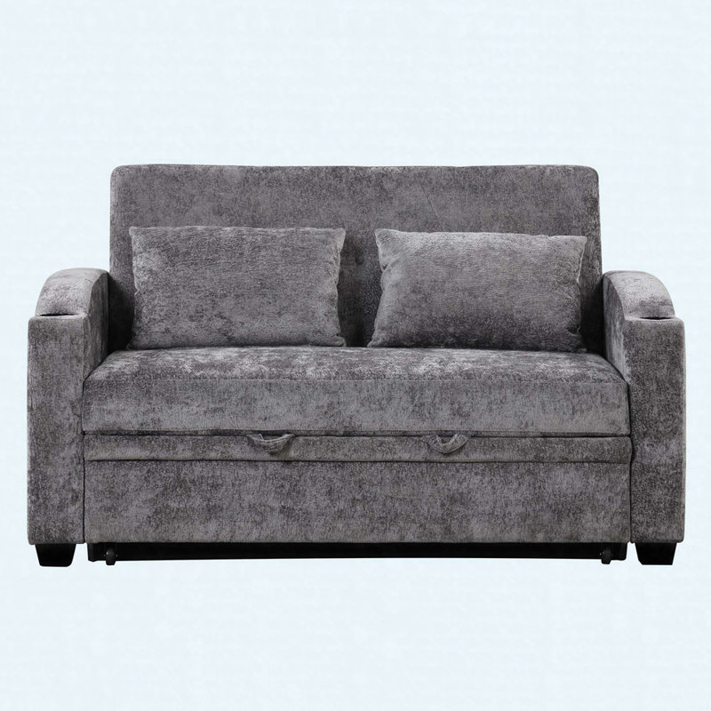 Canapé-lit convertible en chenille de 61,6 po avec dossier réglable, 2 coussins, porte-gobelets et ports USB, Gris