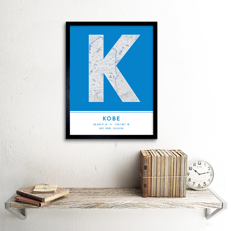 Kobe City Map Kobe Blue - Single Picture Frame Typography