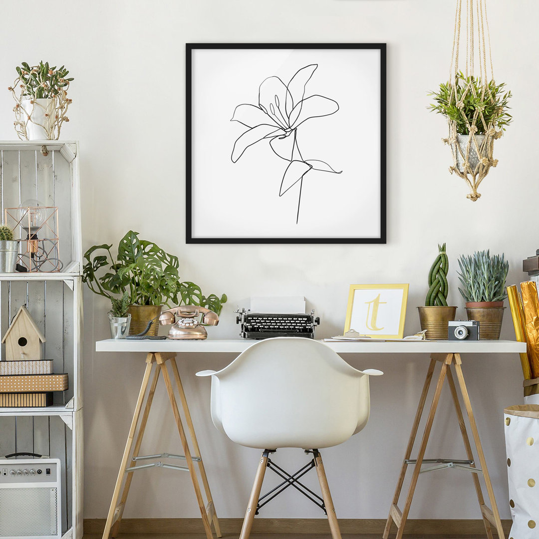 Gerahmter Grafikdruck Line Art Flower Black White