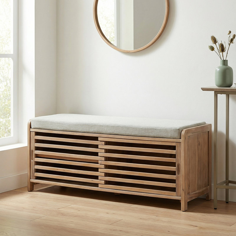 Rustic Entryway Storage Bench With Cushion - Shutter Door Organizer For Shoes And Accessories, Brown