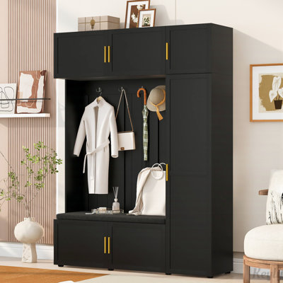 4-in-1 Hall Tree with Padded Bench, 4 Hooks, and Multi-Tier Storage Shelves