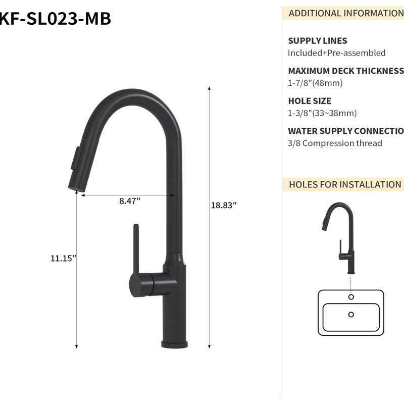 Robinet de cuisine moderne à passe-partout noir mat 18,9 po écoénergétique avec poignée Ss304