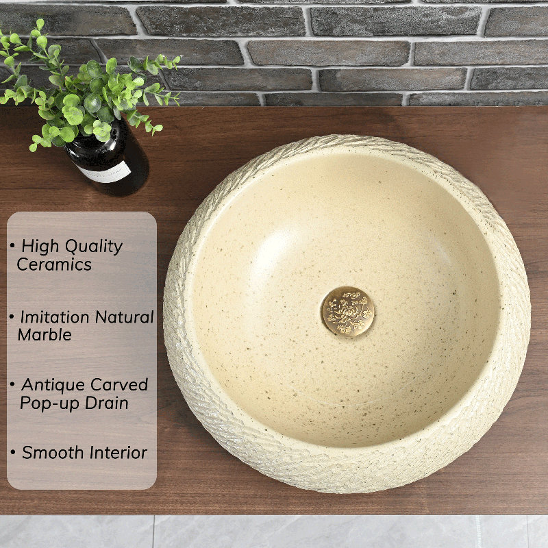 Lavabo de salle de bain circulaire fait à la main 17,7 "avec bonde escamotable sculptée antique, Beige