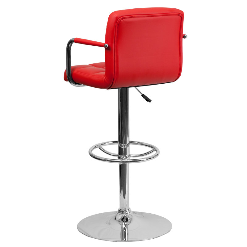 Red Adjustable Height Swivel Leather Bar Stool with Metal Base