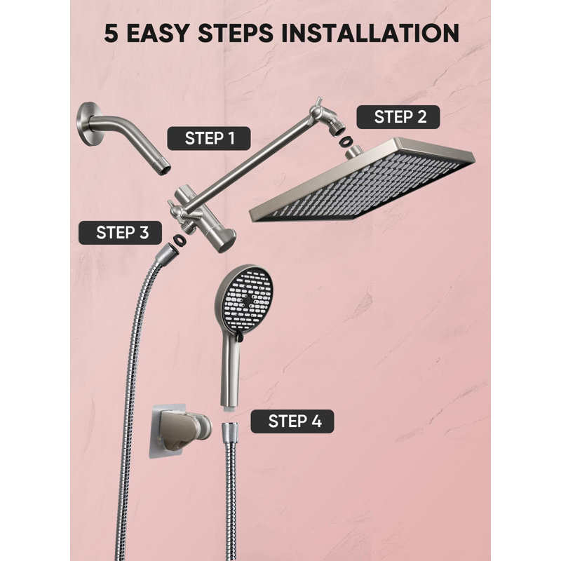12'' High Pressure Rain Shower Head With Extension Arm,8 Modes Handheld Spray Combo, Anti-Clog Nozzles, Adhesive Showerhead Holder