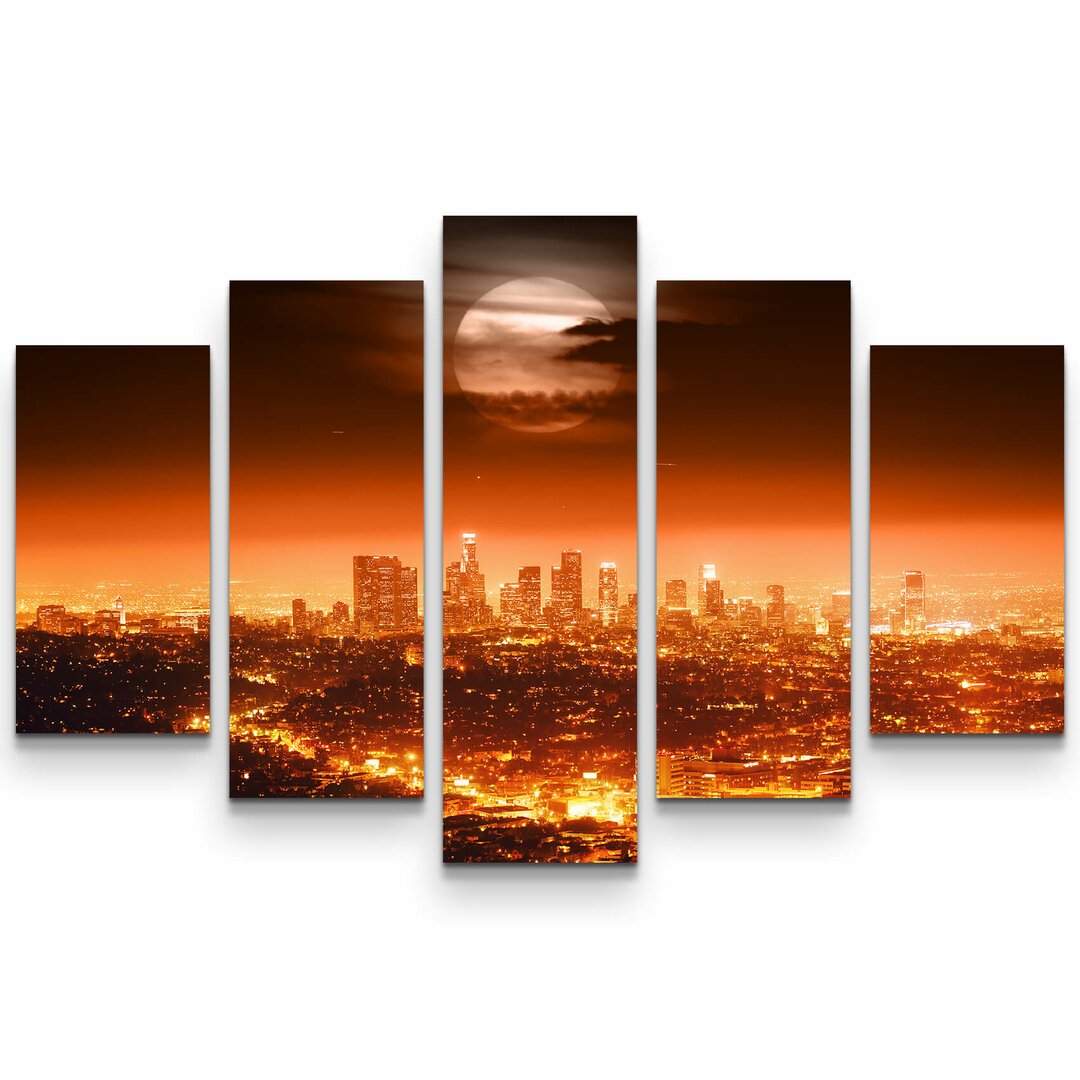 5-tlg. Leinwandbilder-Set Skyline von Los Angeles bei Vollmond