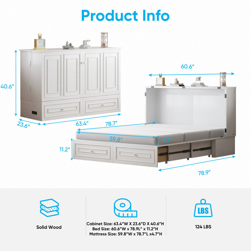 Multifunctional Murphy Bed Cabinet with USB Charging Station & Drawers – Queen Size Cabinet Bed with Tri-Folding Mattress for Apartments and Living Rooms