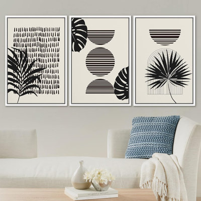 SIGNLEADER Framed Canvas Print Wall Art Set Geometric Dark Mid-Century Palm Leaf Collage Abstract Shapes Illustrations Modern Art Boho Decorative For