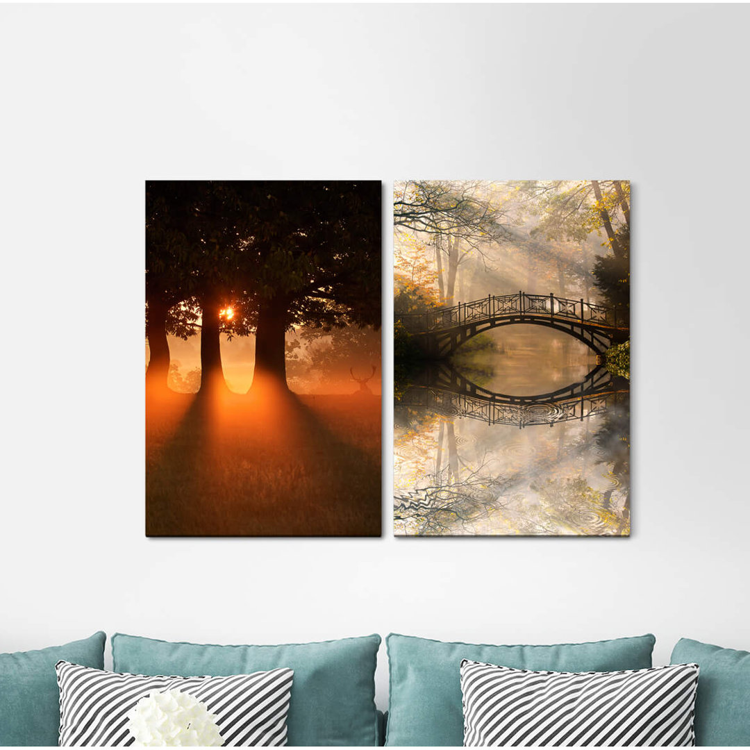 2-tlg. Leinwandbilder-Set - Fotografie "Waldblumen Holzbrücke Fluss Magische Lichtstrahlen Märchen"