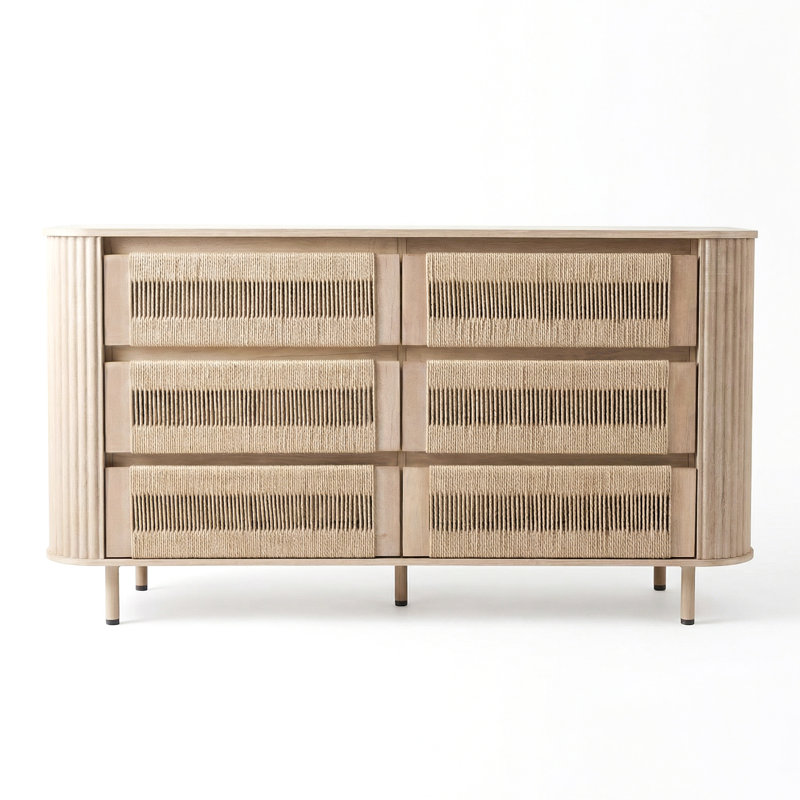 Cord Cabinet Dresser with 6 Storage Drawers for Living Room, or Entryway, Natural