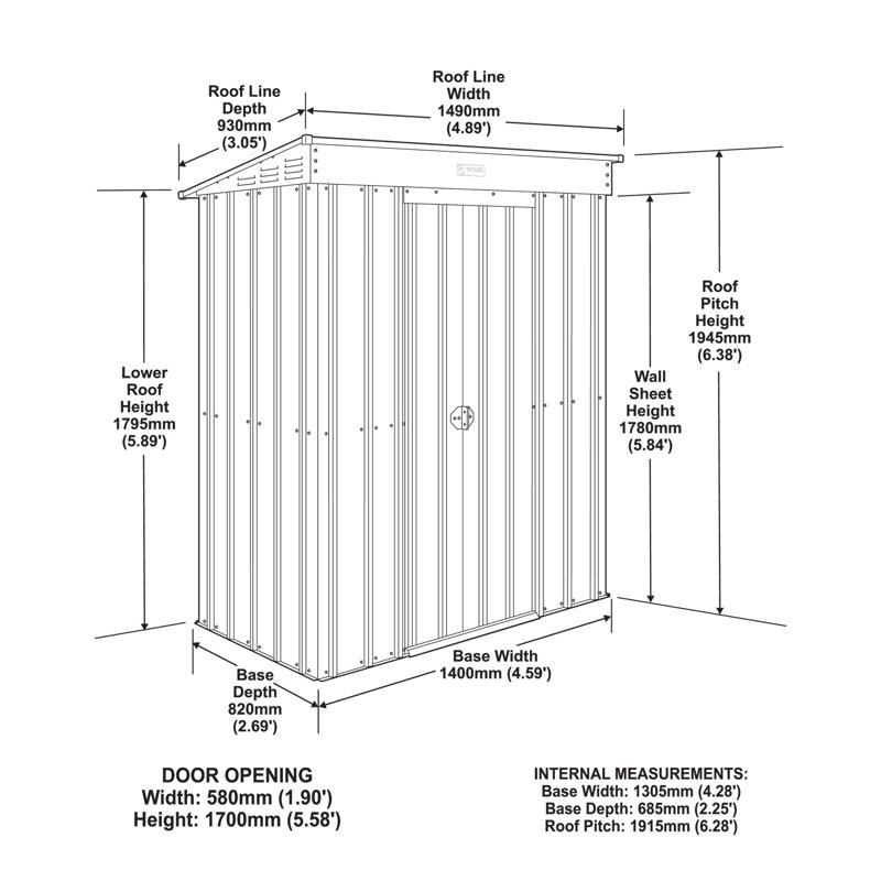 Globel 5 X 3 Pent Green Metal Shed, Grey