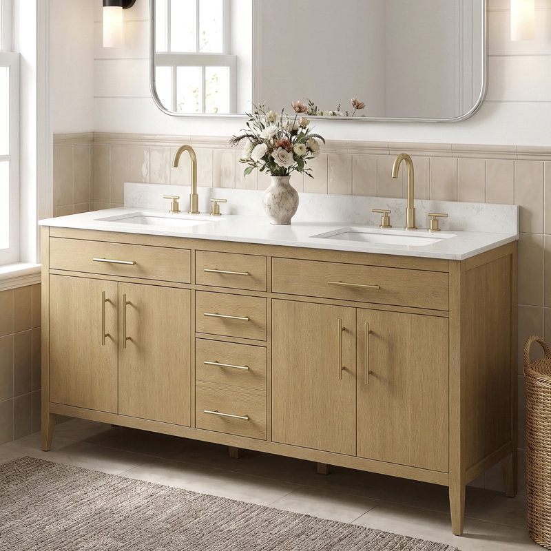 72" Fully Assembled Double Sink Bathroom Vanity with Solid Surface White Granite Top & Backsplash