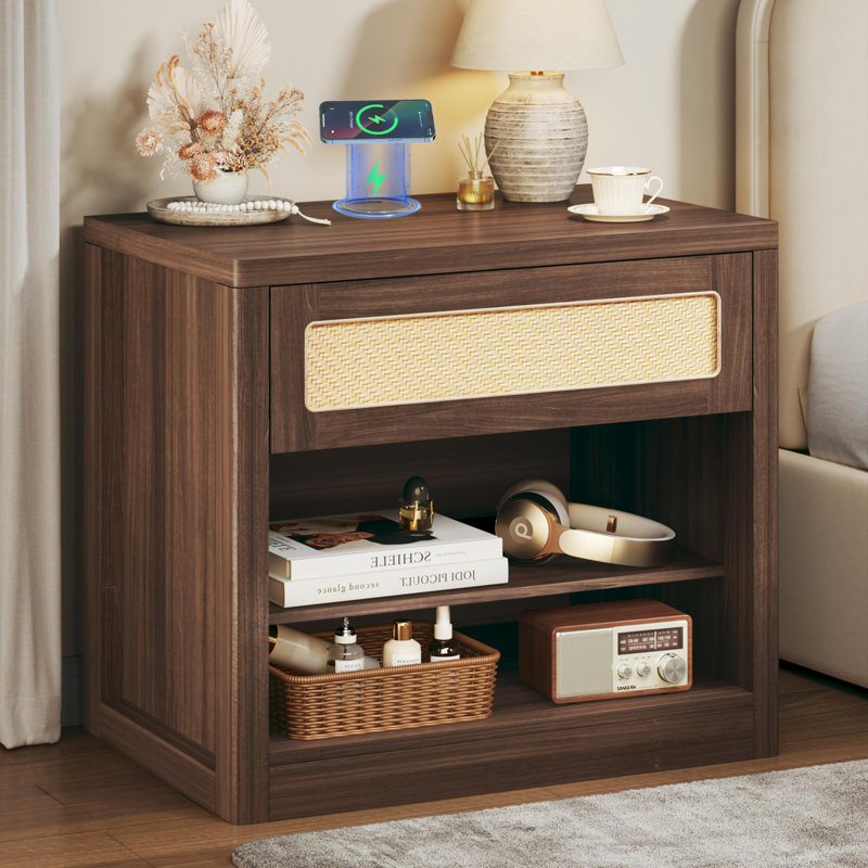 26" W Rattan Nightstand With Wireless Charging