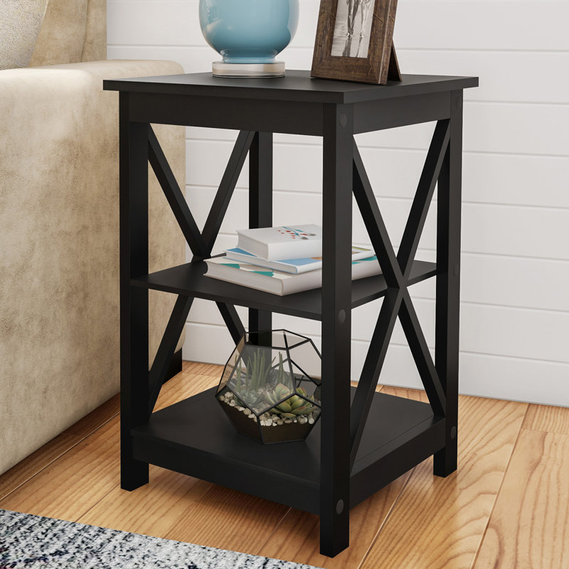 Table de bout en bois avec rangement et canapé avec table en X et deux tablettes, Noir
