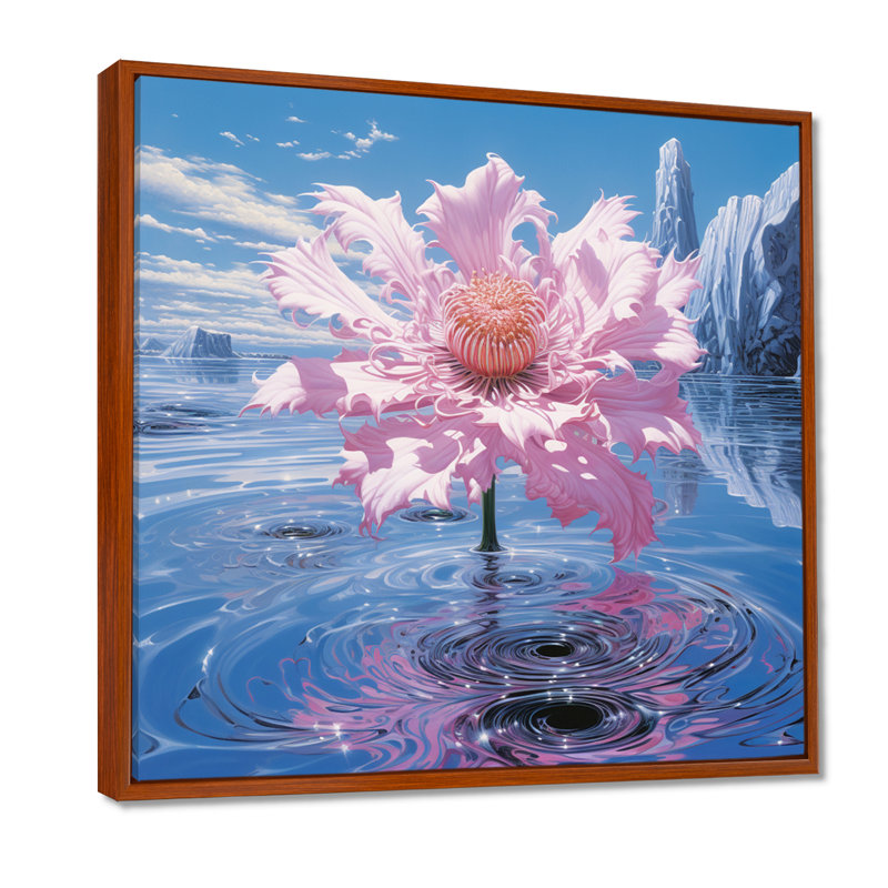 Mystérieux dahlia rose dans un lac de montagne bleu - Dahlia, décoration murale, Toile avec cadre flottant brun