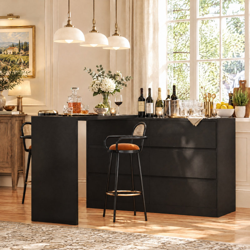 51.2" W Kitchen Island with Rotating Retractable Tabletop, 6 Drawers and Metal Slides, Black
