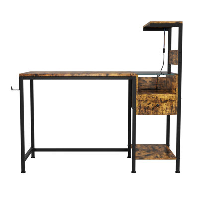 Brown Computer Desk With Charging Station & Shelf Space, Reversible Alignment, Construction, Led Lights, Ports, Headphone Hook Supplement For Office Work And Home Use, Brown, Power Outlet Shelves,