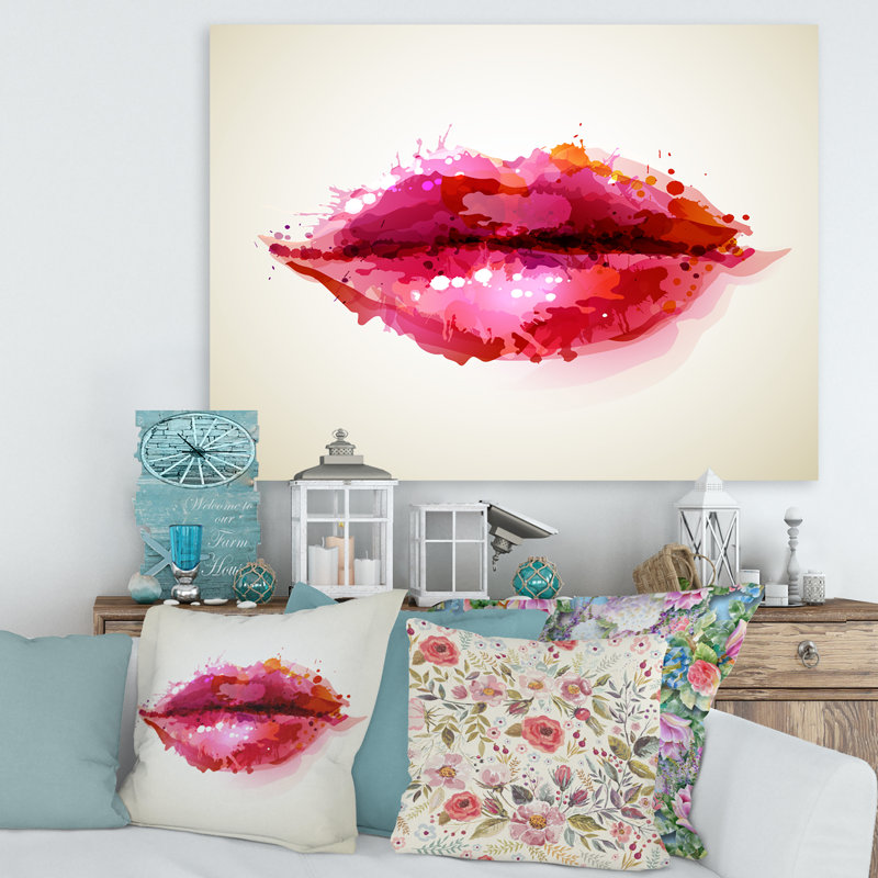 «Red Woman Lips Formed» par Abstract Blots - peinture sur toile, H 12 po x l 20 po x p 1 po, Toile tendue
